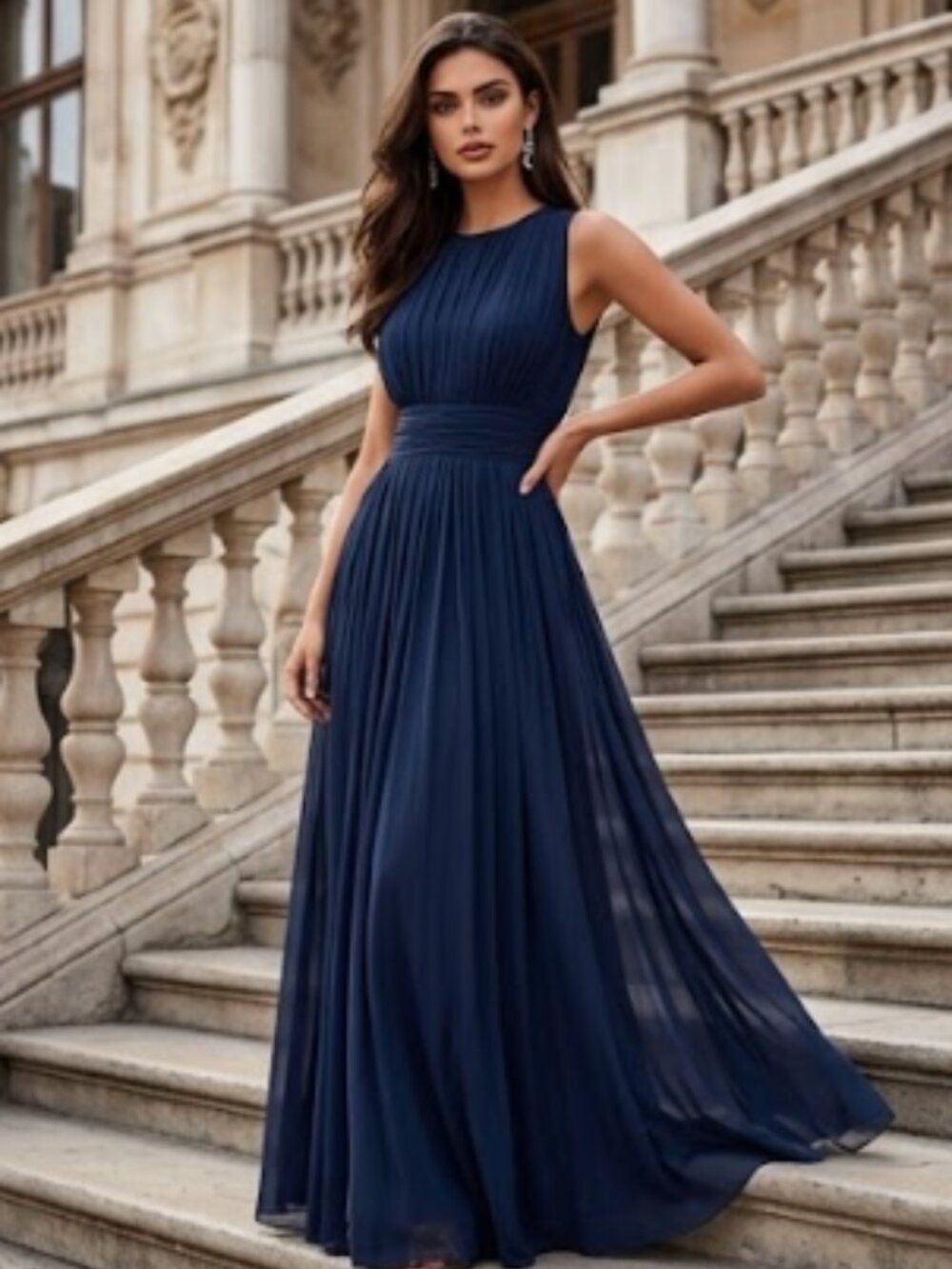 Navy Blue Sleeveless Pleated Chiffon Maxi Evening Dress